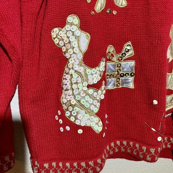 vintage ugly christmas sweater size M teddy bear Gold Lame Appliqué Sequins Red - Picture 4 of 11